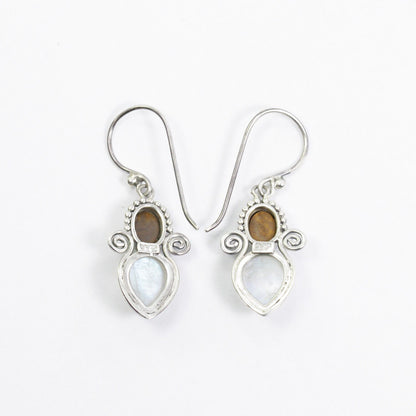 Moonstone earrings drop 925 sterling silver with natural fire opal with swirl wire filigree