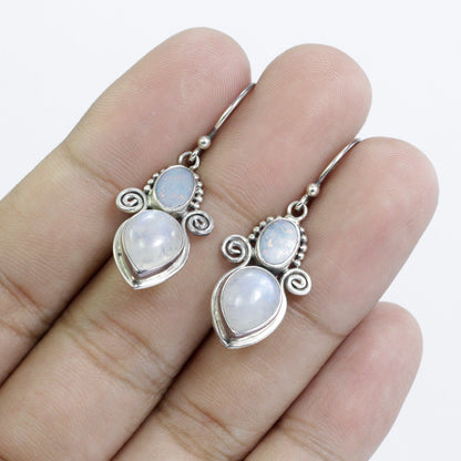 Moonstone earrings drop 925 sterling silver with natural fire opal with swirl wire filigree