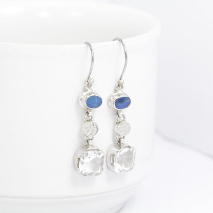 Opal Earrings 925 sterling silver with Natural Crystal Clear dangle drop