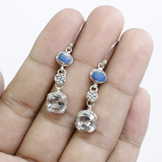 Opal Earrings 925 sterling silver with Natural Crystal Clear dangle drop