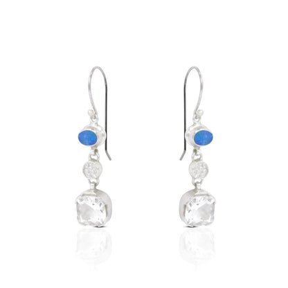 Opal Earrings 925 sterling silver with Natural Crystal Clear dangle drop