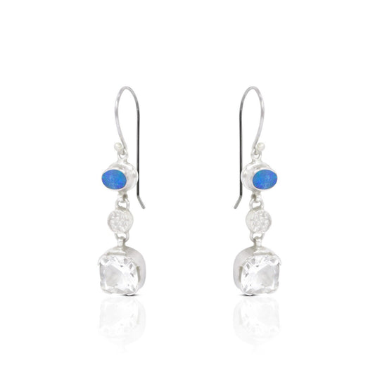 Opal Earrings 925 sterling silver with Natural Crystal Clear dangle drop