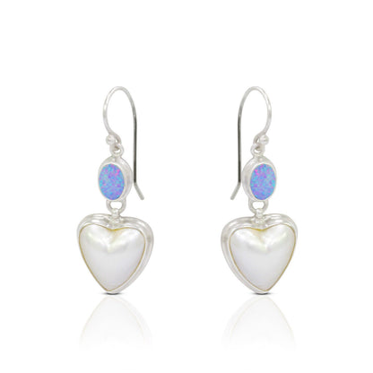 heart shape pearl earrings 925 sterling silver with genuine opal in bezel set