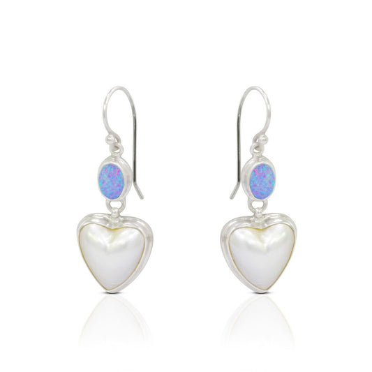 heart shape pearl earrings 925 sterling silver with genuine opal in bezel set