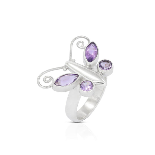 butterfly ring 925 sterling silver with genuine Brazilian amethyst bezel set