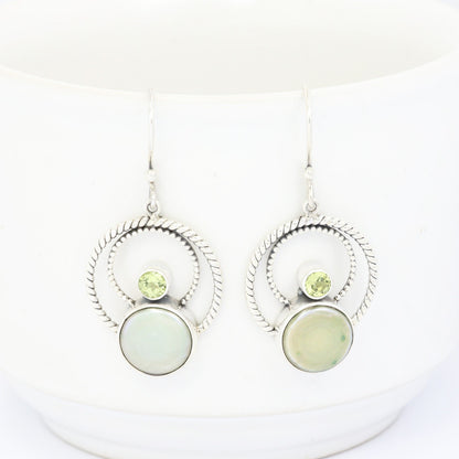 green pearl earrings 925 sterling silver with genuine green peridot decorated with cable rope