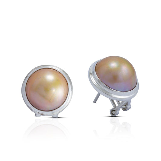 Mabe Pearl Earring with Omega Closure set in Double Bezel 925 Sterling Silver with Gold Mabe Pearl Earring