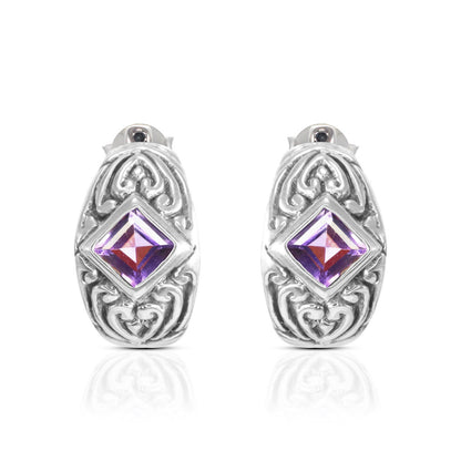 Hoops earrings 925 sterling silver with genuine square amethyst