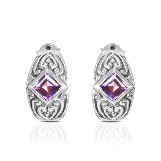 Hoops earrings 925 sterling silver with genuine square amethyst