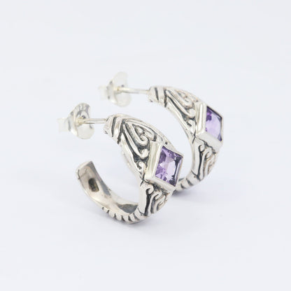 Hoops earrings 925 sterling silver with genuine square amethyst