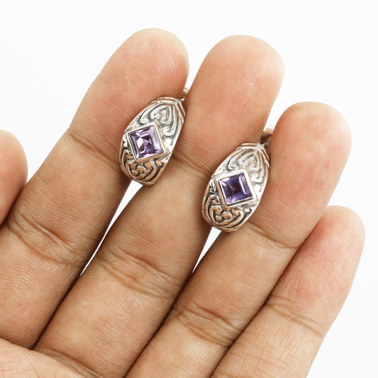 Hoops earrings 925 sterling silver with genuine square amethyst