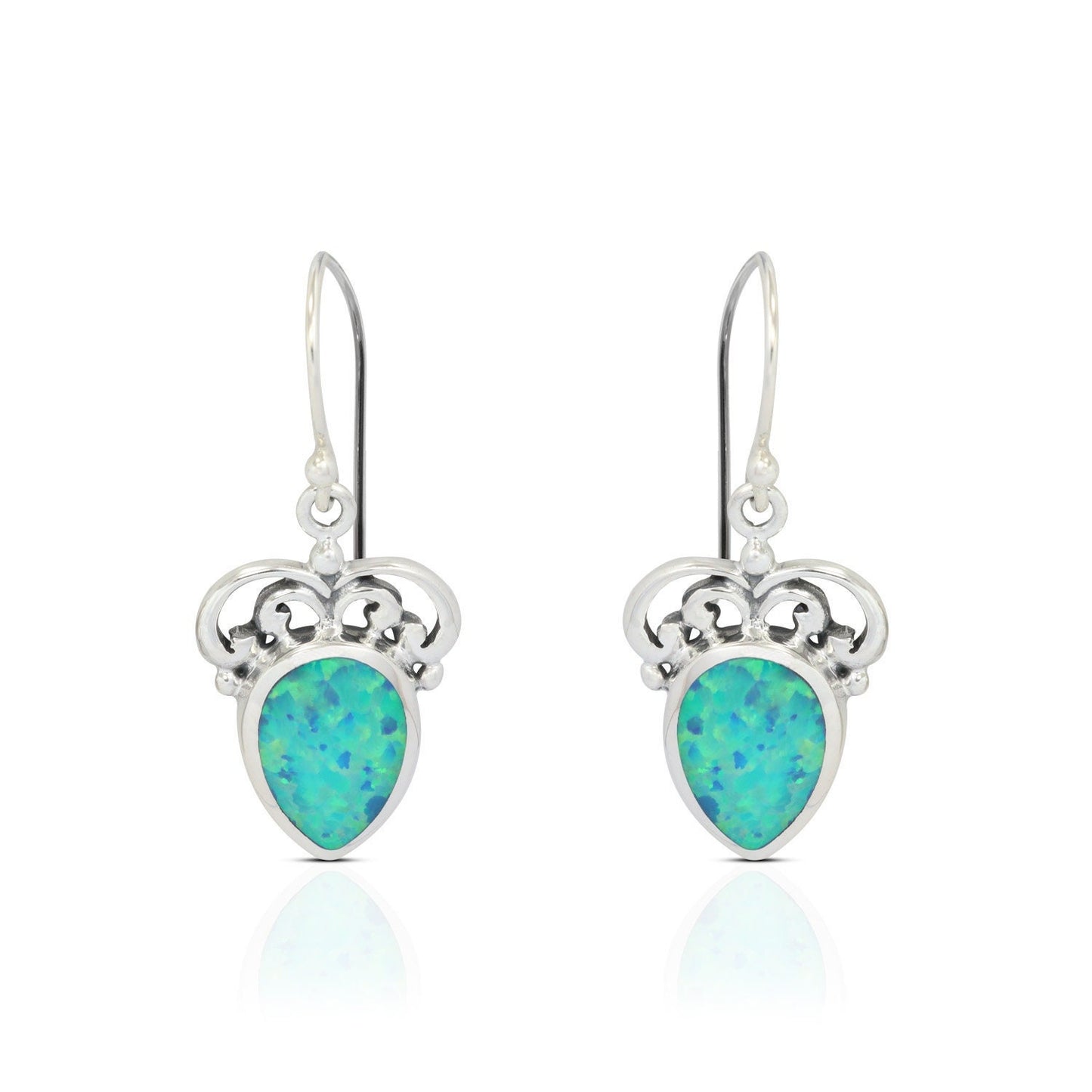 simulated Opal Earrings in 925 Sterling Silver decorated with Balinese Ornament