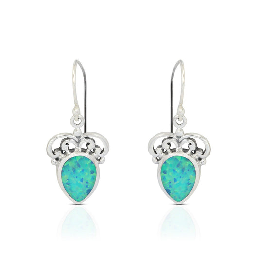 simulated Opal Earrings in 925 Sterling Silver decorated with Balinese Ornament
