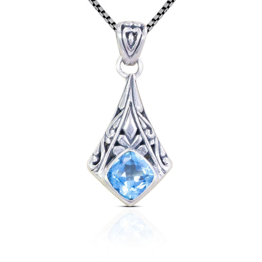 art deco inspired pendant 925 sterling silver with genuine blue topaz decorated with swirl filigree ornament