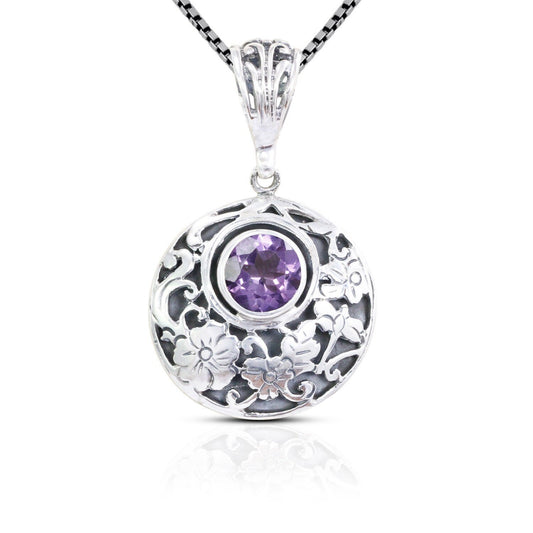 amethyst pendant 925 sterling silver decorated with flower ornament