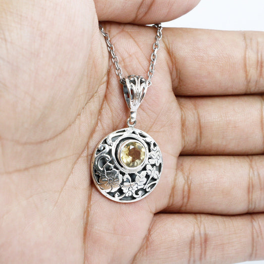 yellow citrine necklace pendant set in 925 sterling silver decorated with beautiful flower filigree ornament