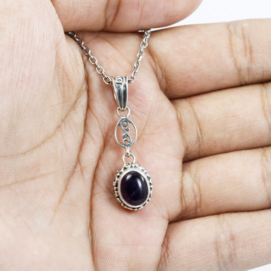 amethyst pendant necklace dangle drop 925 sterling silver decorated with handmade open work filigree