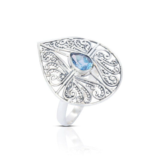 filigree ring 925 sterling silver handmade open work with genuine blue topaz tear drop shape