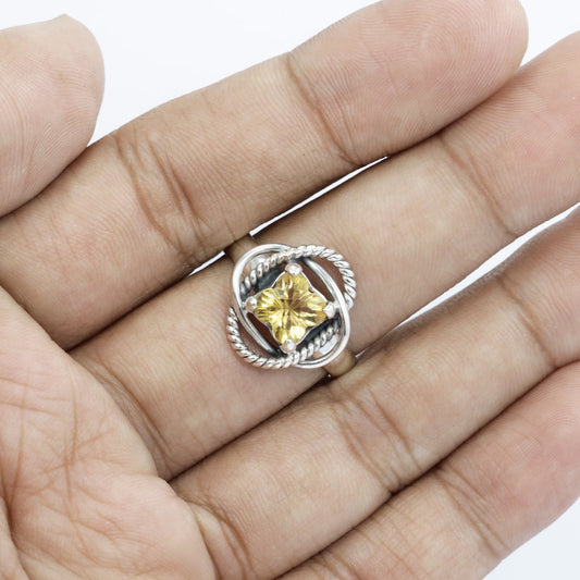 yellow citrine ring 925 sterling silver with cable style rope edge