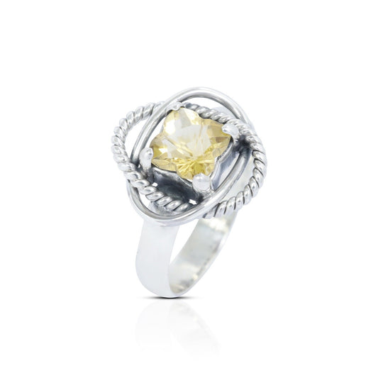 yellow citrine ring 925 sterling silver with cable style rope edge