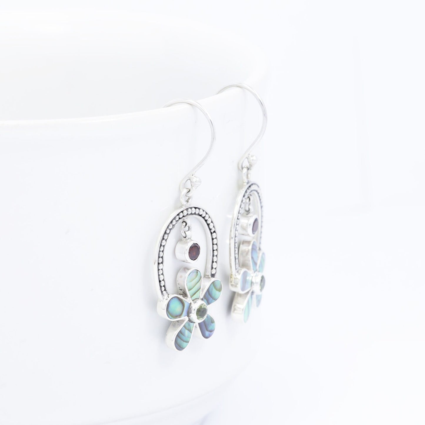 flower earrings 925 sterling silver with genuine paua shell and natural red garnet with green peridot