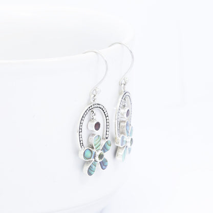 flower earrings 925 sterling silver with genuine paua shell and natural red garnet with green peridot