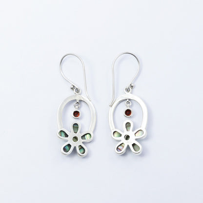 flower earrings 925 sterling silver with genuine paua shell and natural red garnet with green peridot