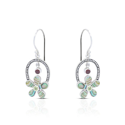flower earrings 925 sterling silver with genuine paua shell and natural red garnet with green peridot
