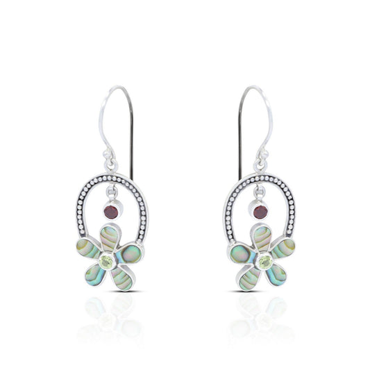 flower earrings 925 sterling silver with genuine paua shell and natural red garnet with green peridot