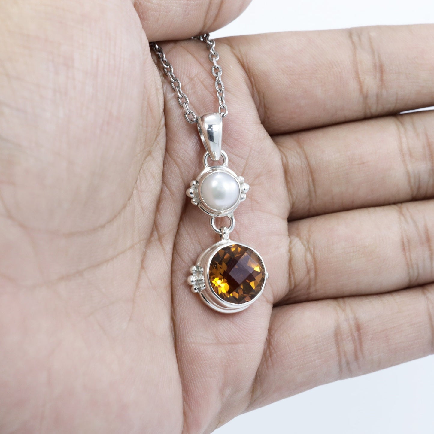 yellow citrine necklace pendant 925 sterling silver dangle drop with freshwater pearl