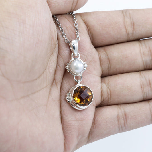 yellow citrine necklace pendant 925 sterling silver dangle drop with freshwater pearl