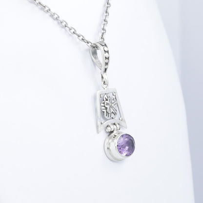 amethyst pendant 925 sterling silver with flower ornament bezel set