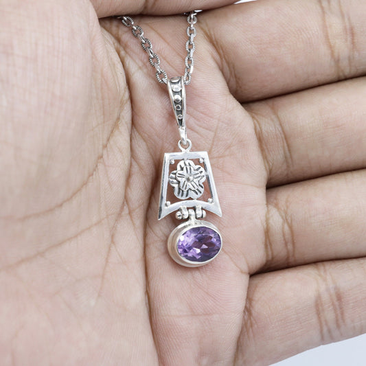 amethyst pendant 925 sterling silver with flower ornament bezel set