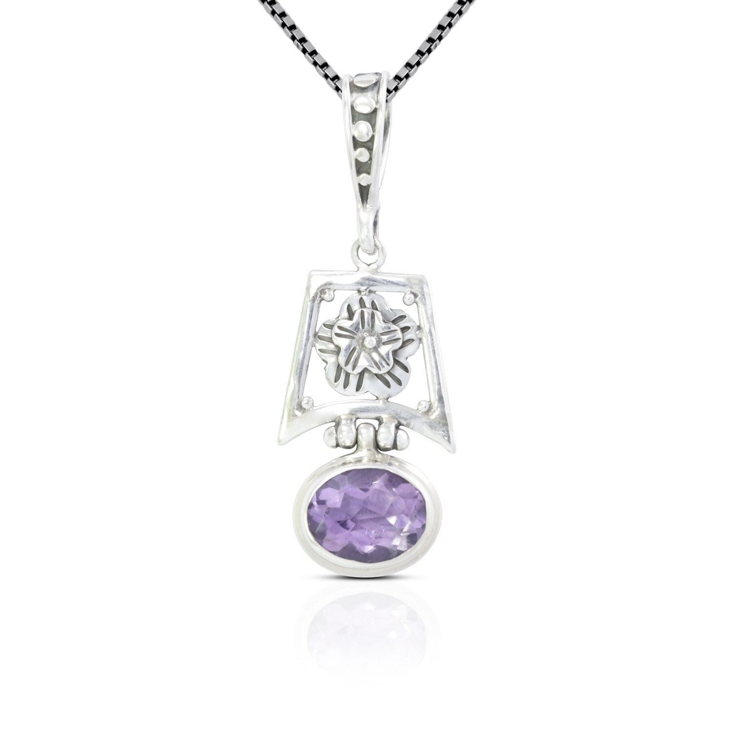 amethyst pendant 925 sterling silver with flower ornament bezel set