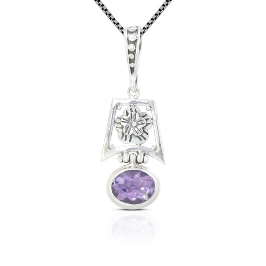 amethyst pendant 925 sterling silver with flower ornament bezel set