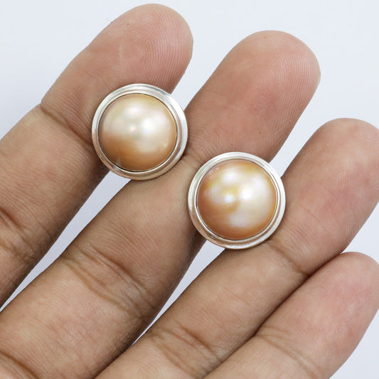 Mabe Pearl Earring with Omega Closure set in Double Bezel 925 Sterling Silver with Gold Mabe Pearl Earring