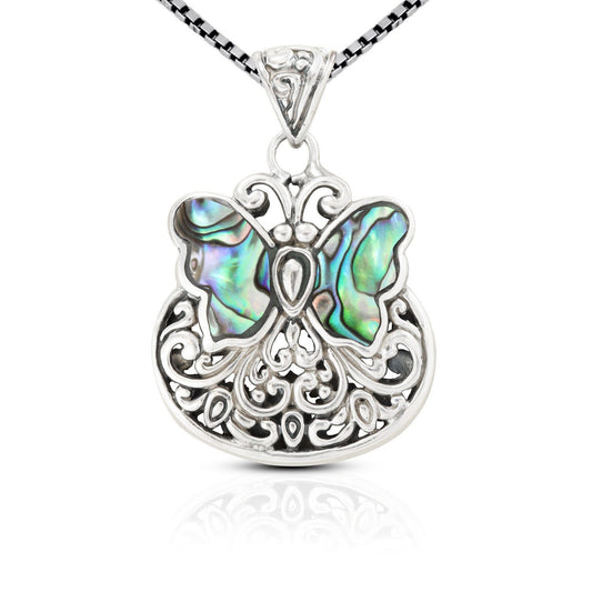 Butterfly Pendant 925 sterling silver with abalone shell decorated with filigree ornament