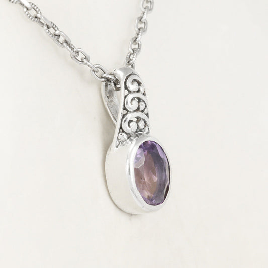Amethyst Pendant Necklace 925 Sterling Silver with Bali Inspired Ornament