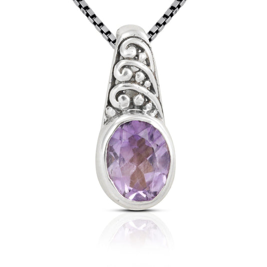 Amethyst Pendant Necklace 925 Sterling Silver with Bali Inspired Ornament