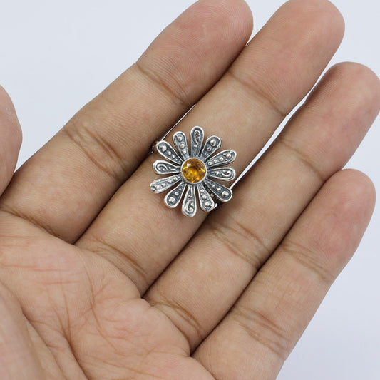 flower ring 925 sterling silver with genuine yellow citrine decorated with ornament and antique finishing