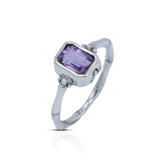 solitaire ring 925 sterling silver with genuine amethyst decorated with bamboo style
