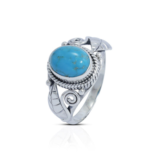 oval turquoise ring 925 sterling silver for women oval shape decorated with leaf ornament