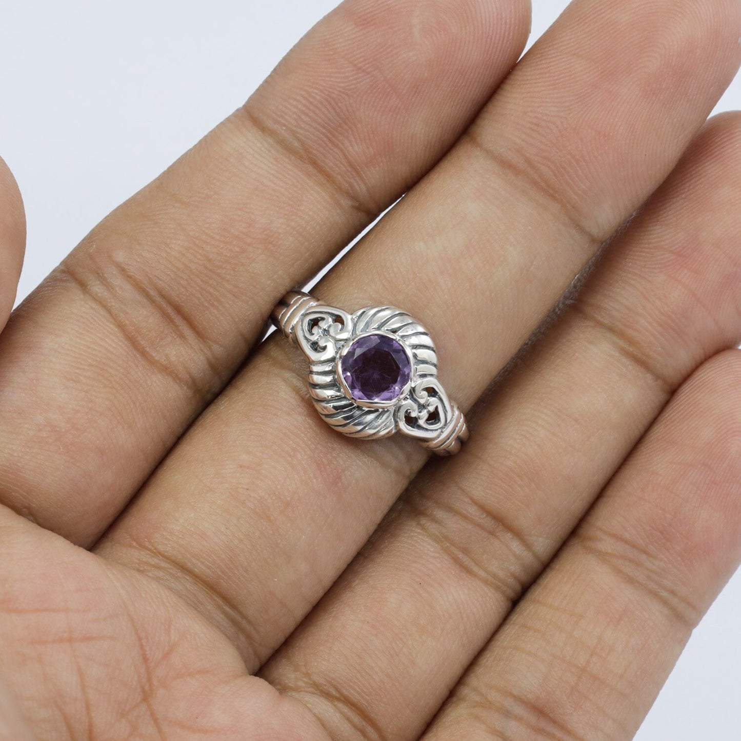 amethyst ring 925 sterling silver with cable style ornament and filigree