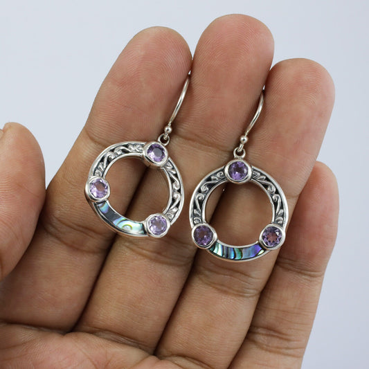 amethyst earrings 925 sterling silver with genuine abalone decorated with filigree ornament