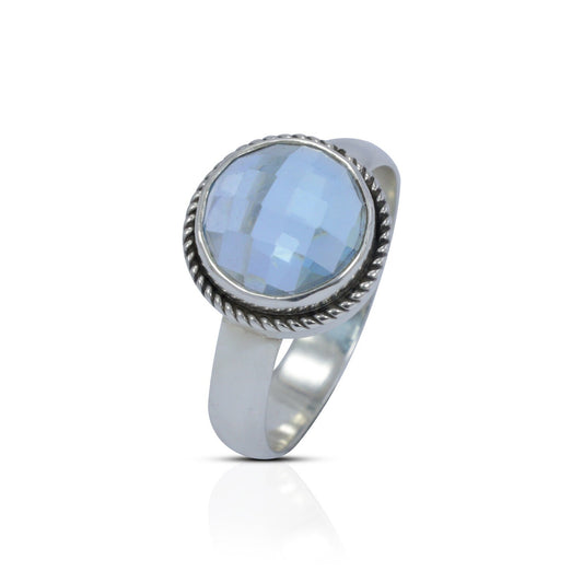 blue topaz ring 925 sterling silver with bezel set with cable rope edge