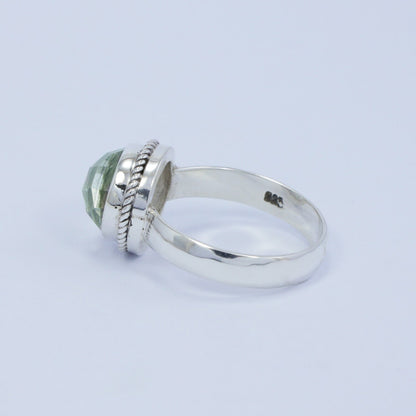Round Green Amethyst ring 925 sterling silver With woven chain bezel ornament
