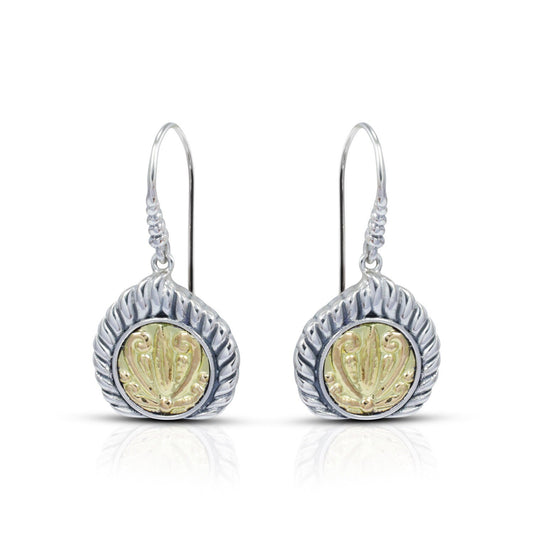 lotus flower earrings two tone 18K yellow gold on 925 sterling silver decorated with cable rope