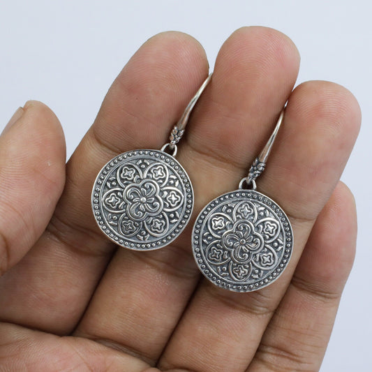 lotus earrings 925 sterling silver oxidized finishing decorated with filigree ornament two sided