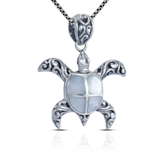 white Turtle pendant 925 sterling silver decorated with swirl filigree ornament and white shell