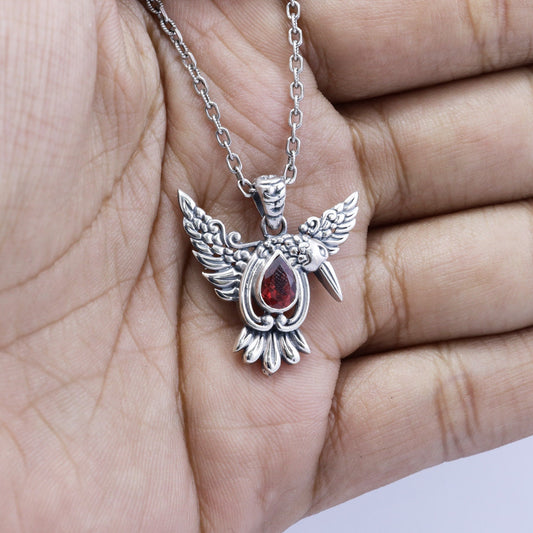 pigeon Bird pendant necklace 925 sterling silver with genuine red Garnet